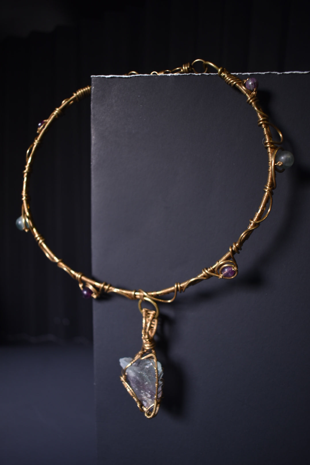 Fluorite- Solar Heart of the Veiled Star: Brass Statement Necklace
