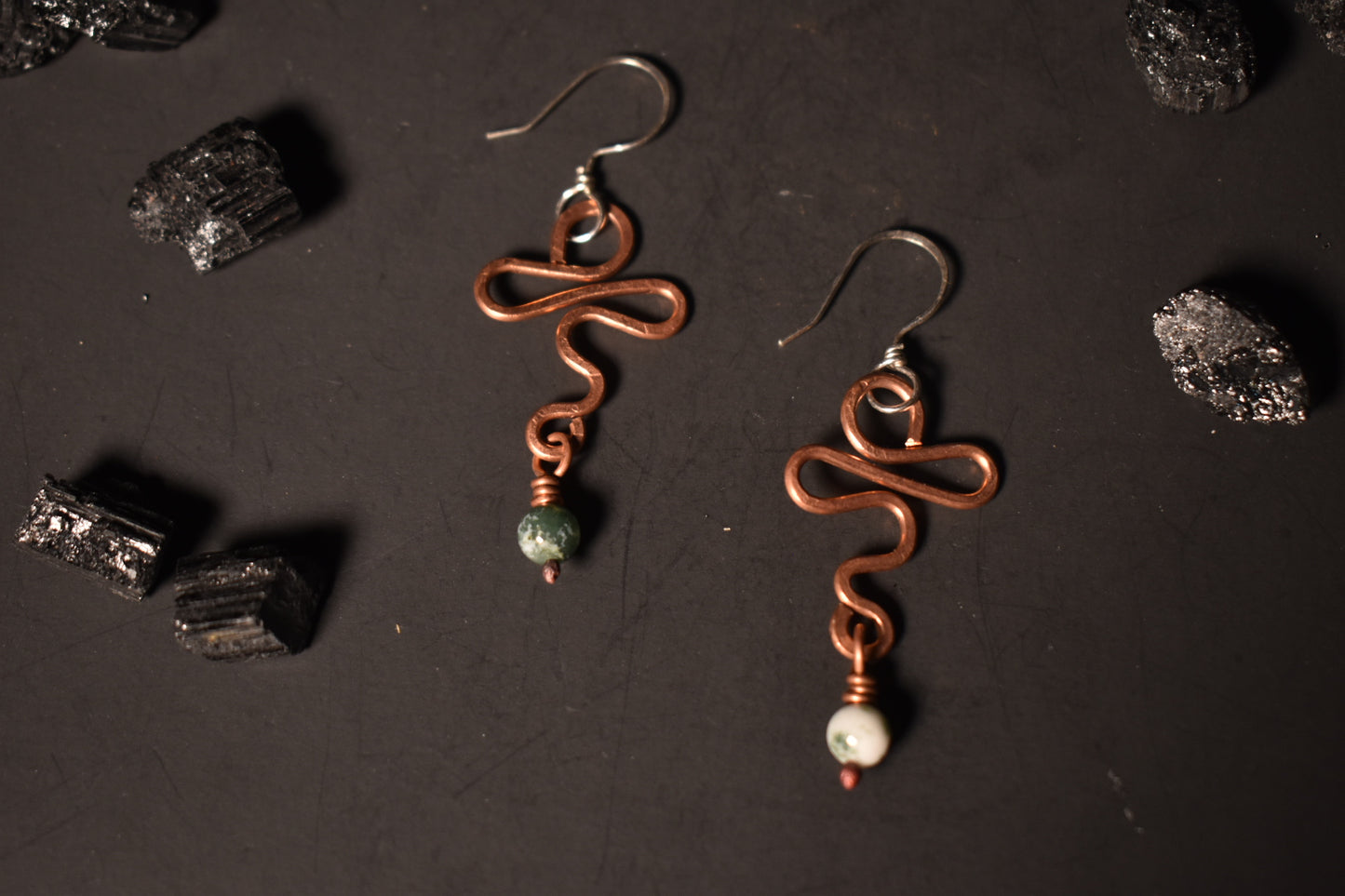 Moss Agate Artistic Ankh - Copper Earring with Sterling Hooks
