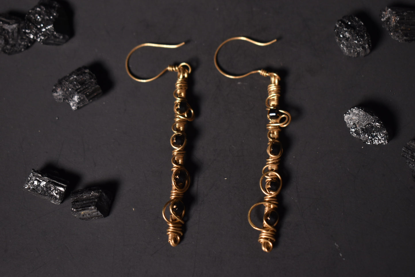Onyx — Solar Spire Brass Earrings