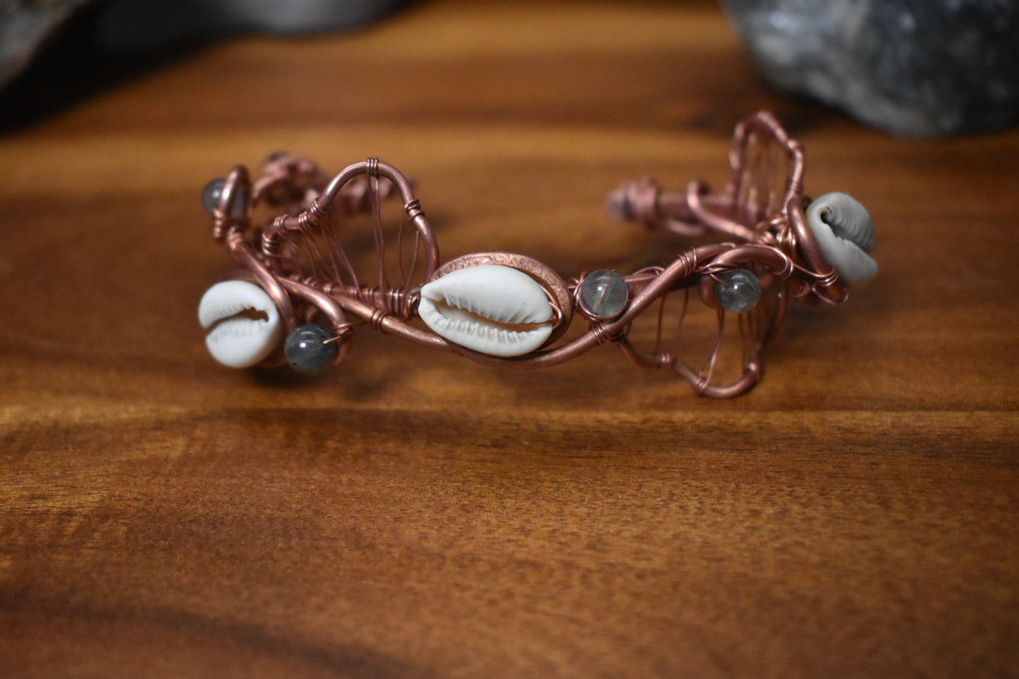 Labradorite and Cowrie Shell — Crown of the Celestial Waters Copper Cuff