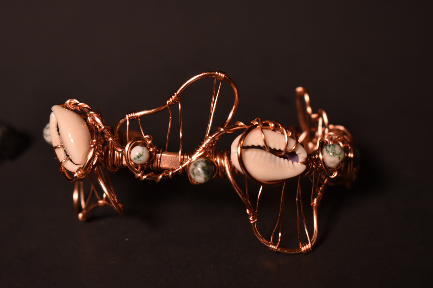Moss Agate and Cowrie Shell — Orbit Current Mistress Copper Cuff