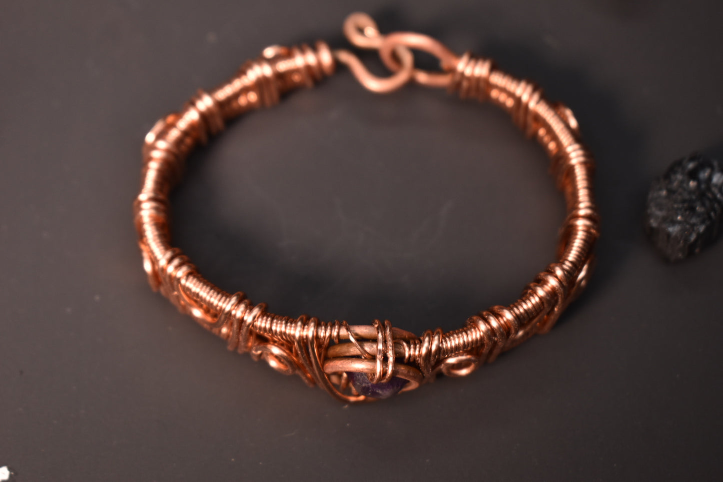 Amethyst - solar Eye of Heru: Copper Bracelet