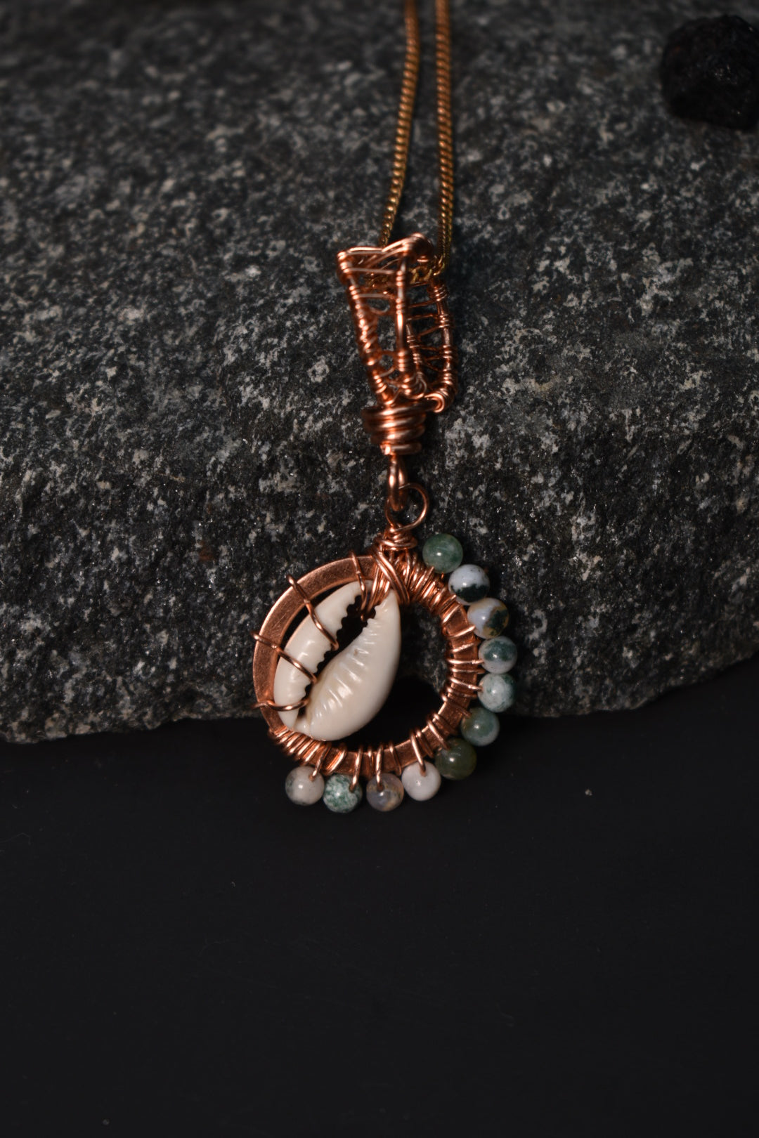 Moss Agate & Cowrie Shell- Intuitive Compass Pendant