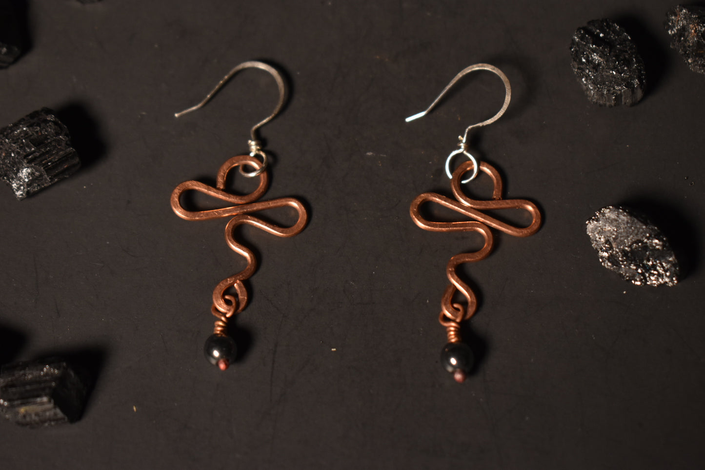 Hematite Artistic Ankh - Copper Earring with Sterling Hooks