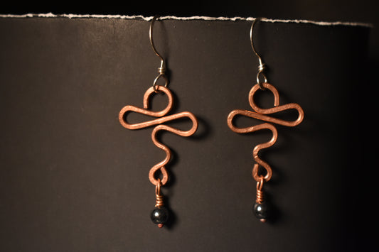 Hematite Artistic Ankh - Copper Earring with Sterling Hooks