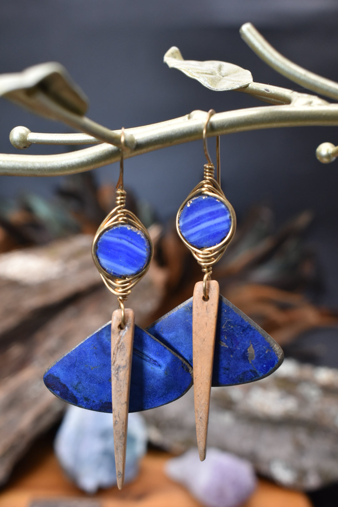 Blue Quail — Brass Earrings