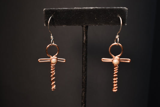 Labradorite- Celestial Keys ankh: Copper Earrings with Sterling Silver Earhooks