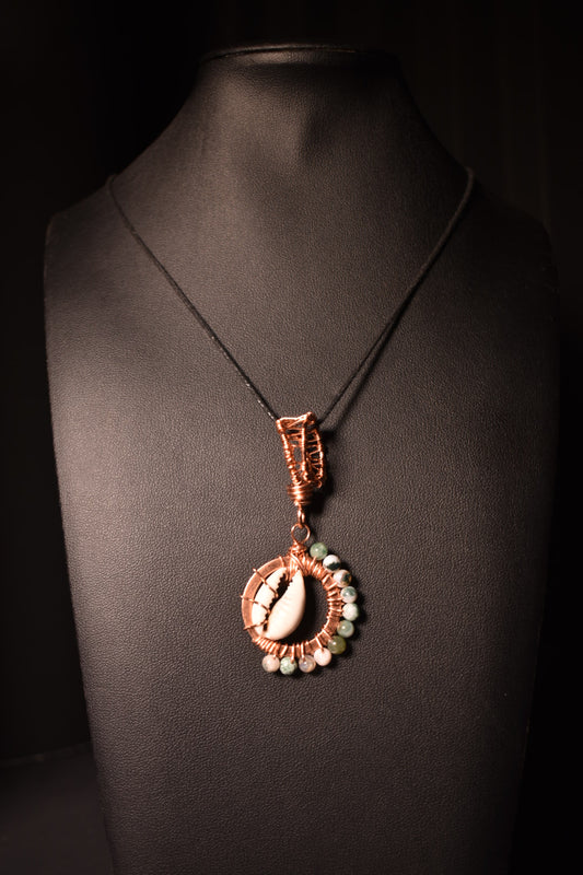 Moss Agate & Cowrie Shell- Intuitive Compass Pendant