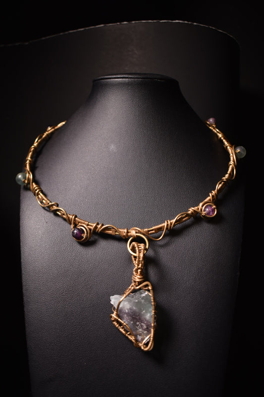 Fluorite- Solar Heart of the Veiled Star: Brass Statement Necklace