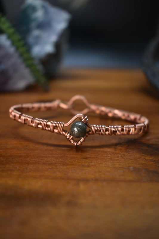 wire wrapped artistic copper bracelet pyrite