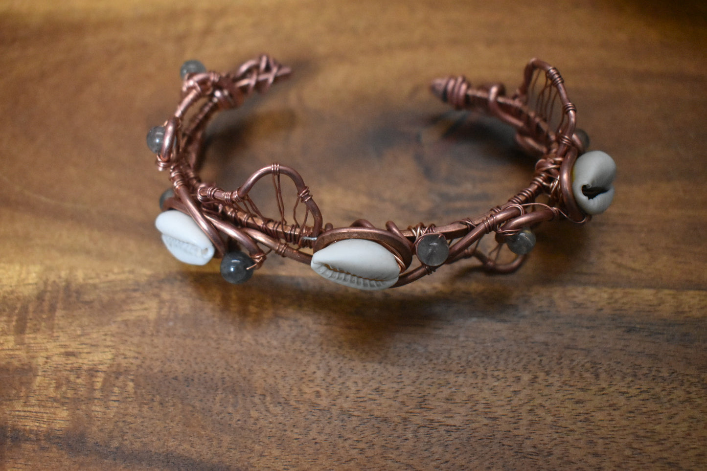 Labradorite and Cowrie Shell — Crown of the Celestial Waters Copper Cuff