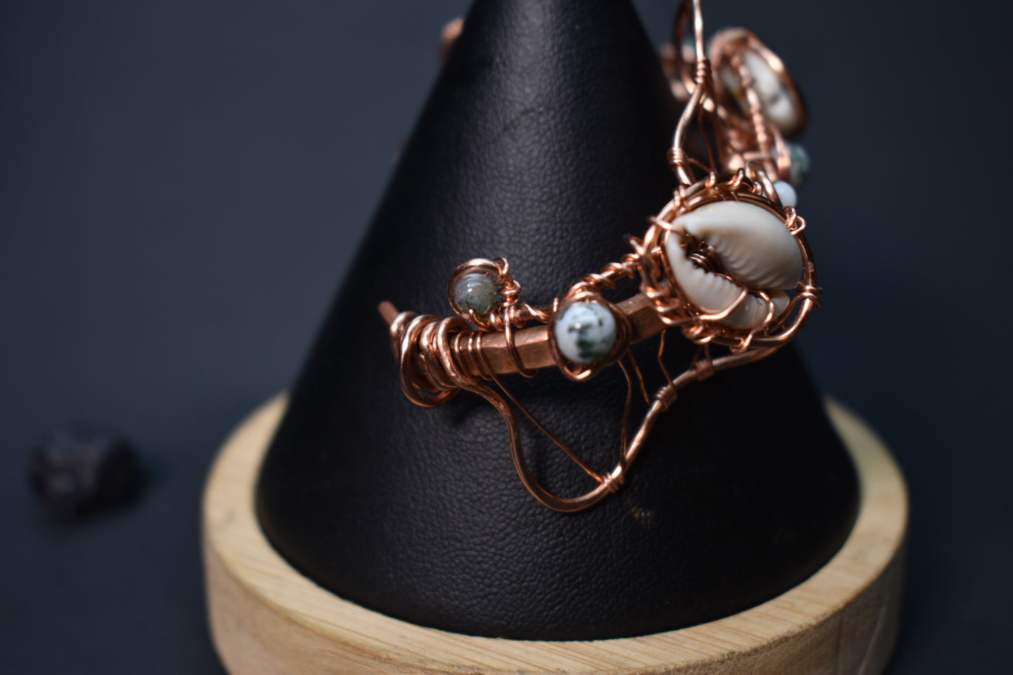 Moss Agate and Cowrie Shell — Orbit Current Mistress Copper Cuff