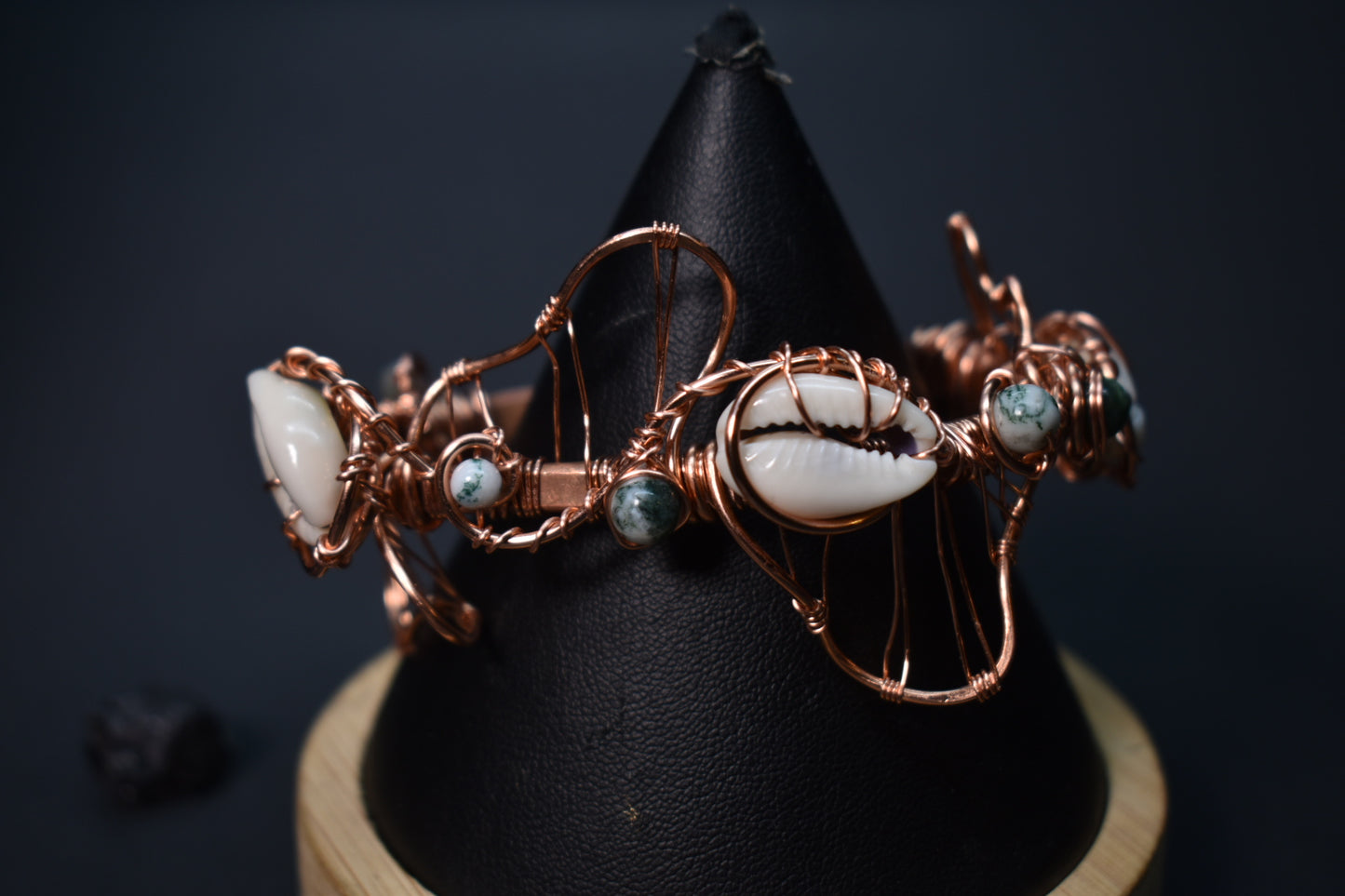 Moss Agate and Cowrie Shell — Orbit Current Mistress Copper Cuff