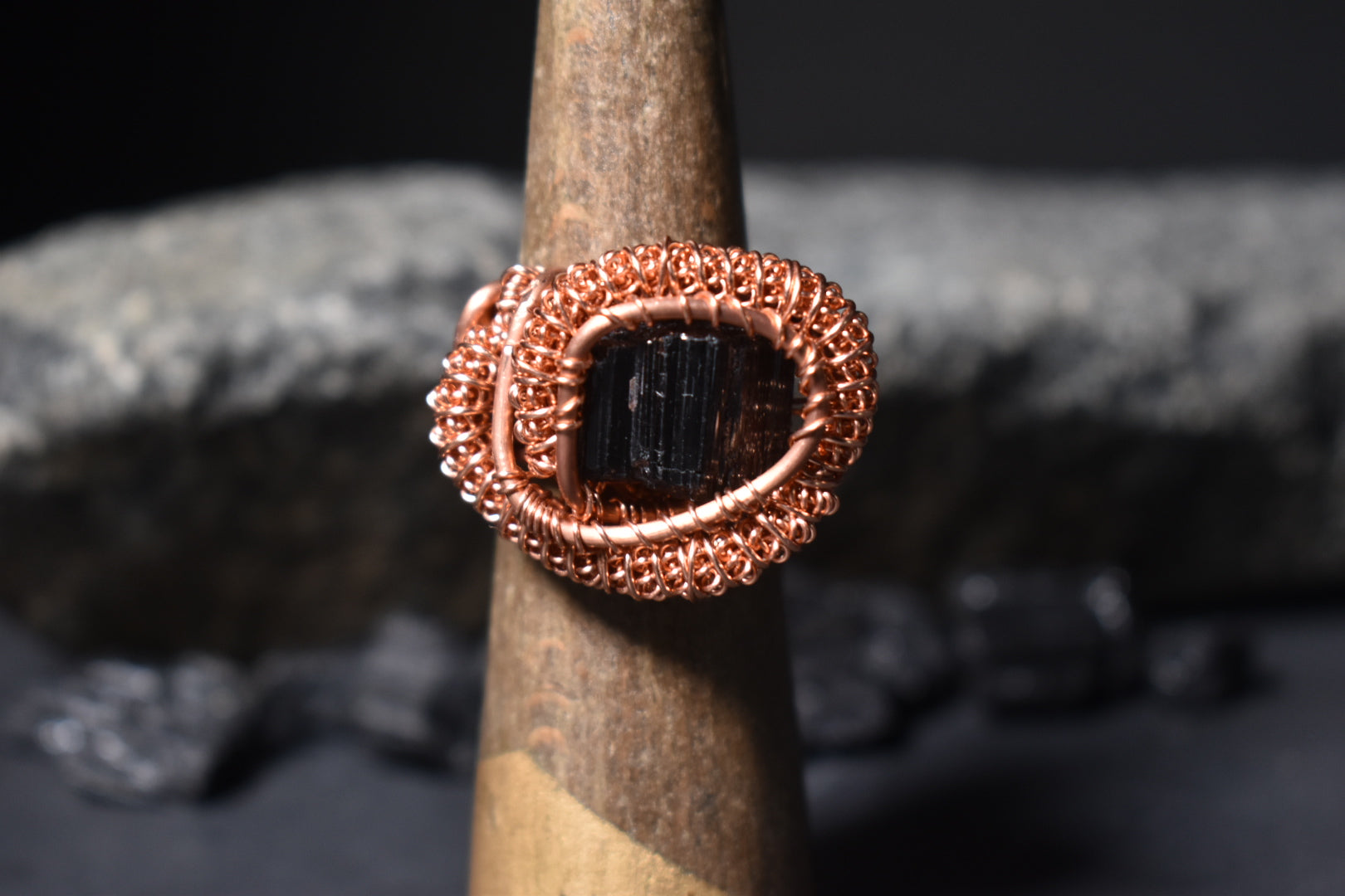 Black Tourmaline- Eclipse Coil Copper Ring - KOSMIK COLLECTIONS