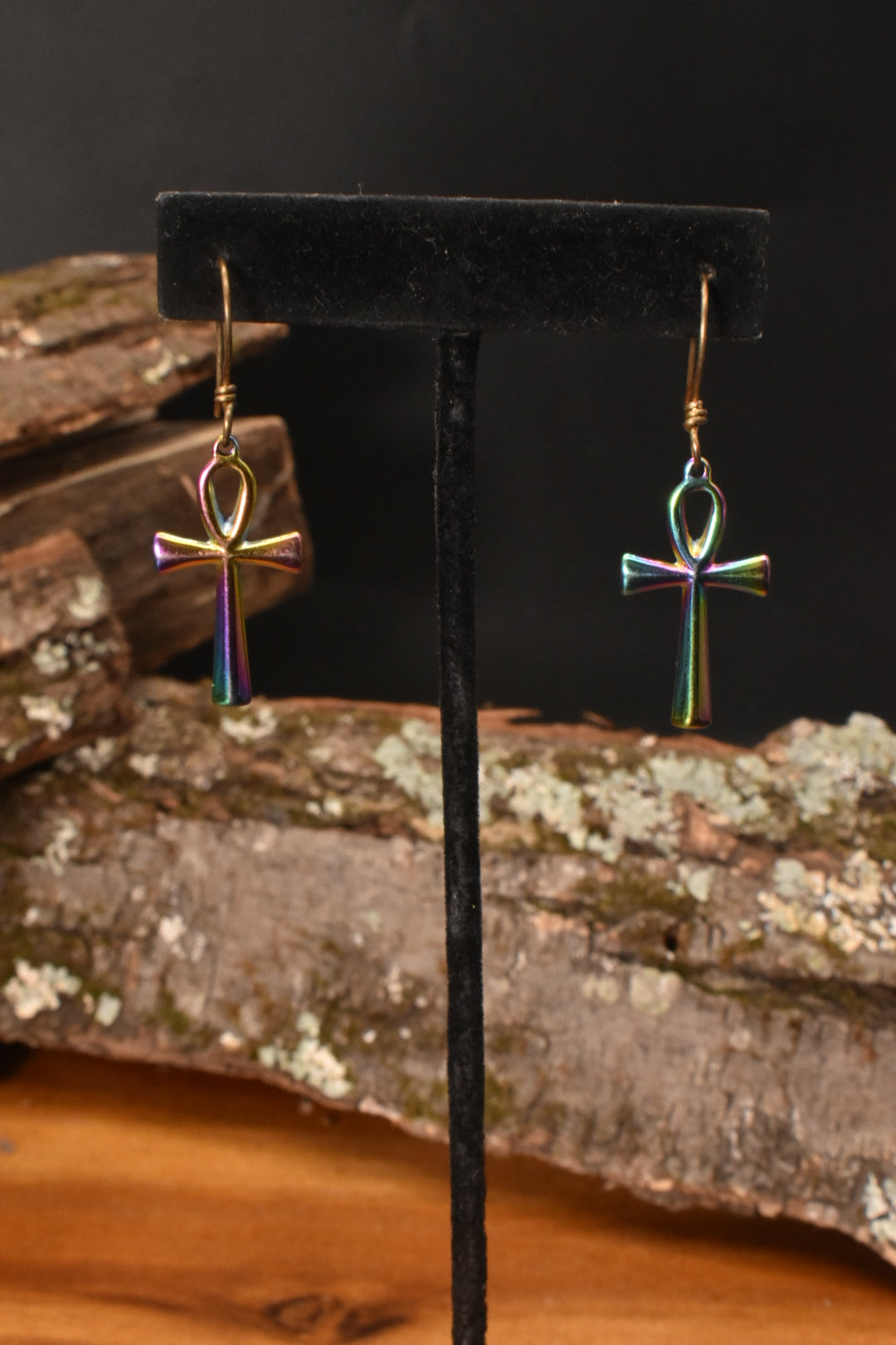 Holographic Ankh — Brass & Stainless Steel Earrings