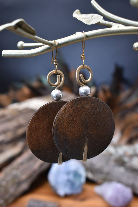 Full Moon — Sterling & Brass Wood Earrings