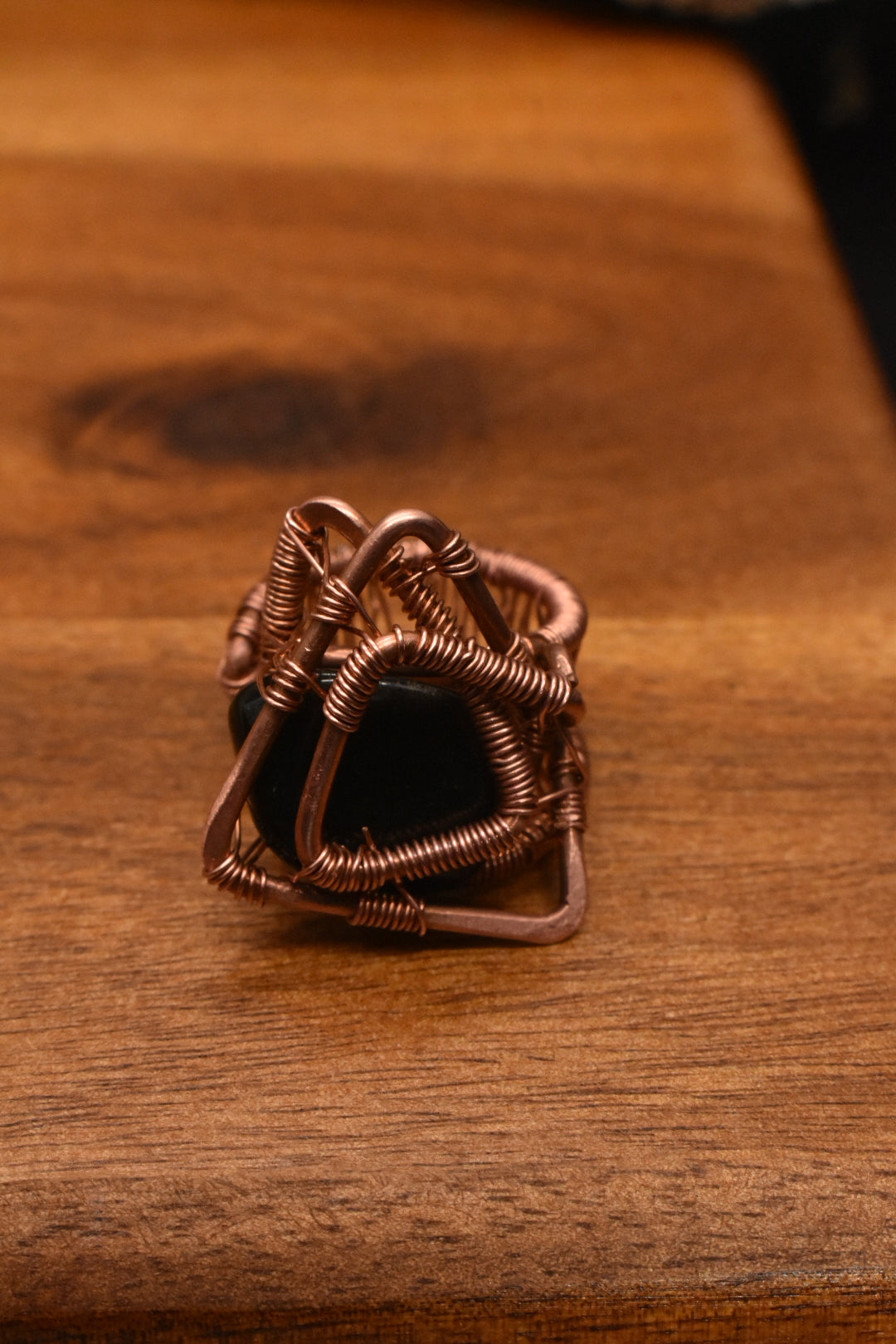 Geometric Flower Ring — Obsidian Copper Ring