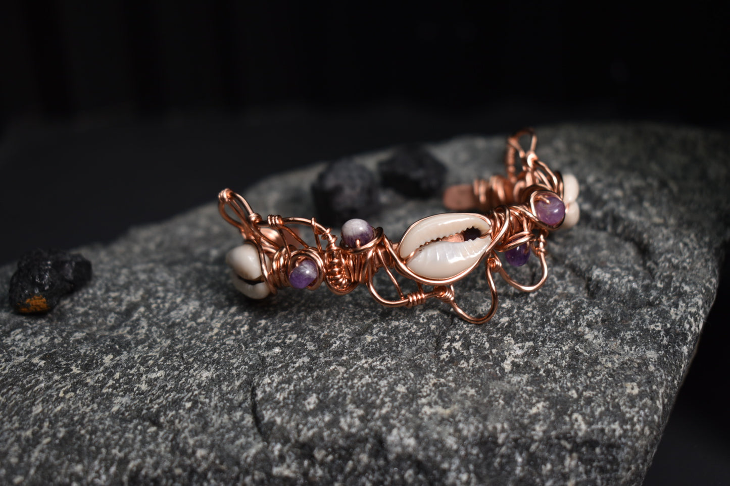 Amethyst and Cowrie Shell — Orbit Current Mistress Copper Cuff - KOSMIK COLLECTIONS