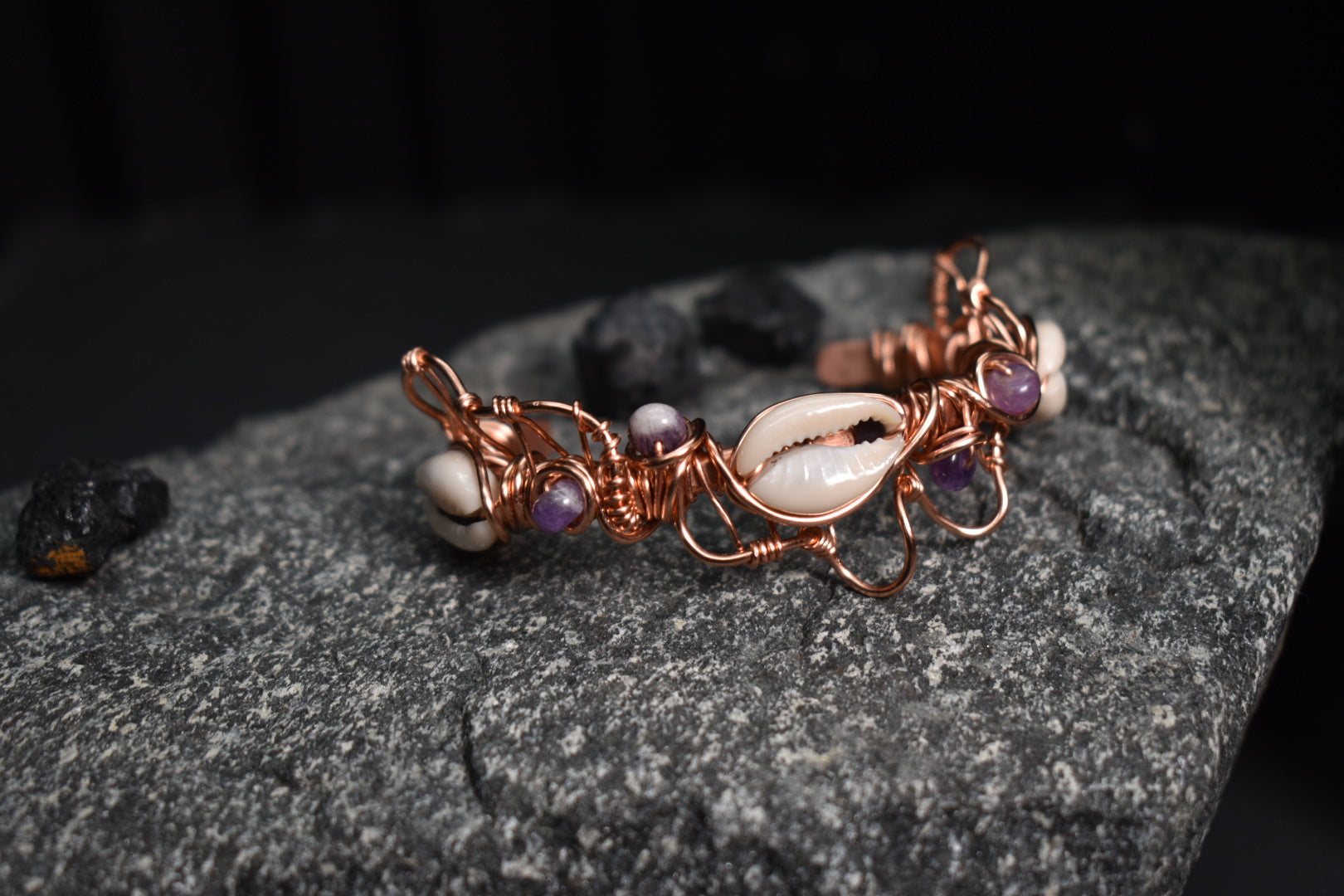 Amethyst and Cowrie Shell — Orbit Current Mistress Copper Cuff - KOSMIK COLLECTIONS