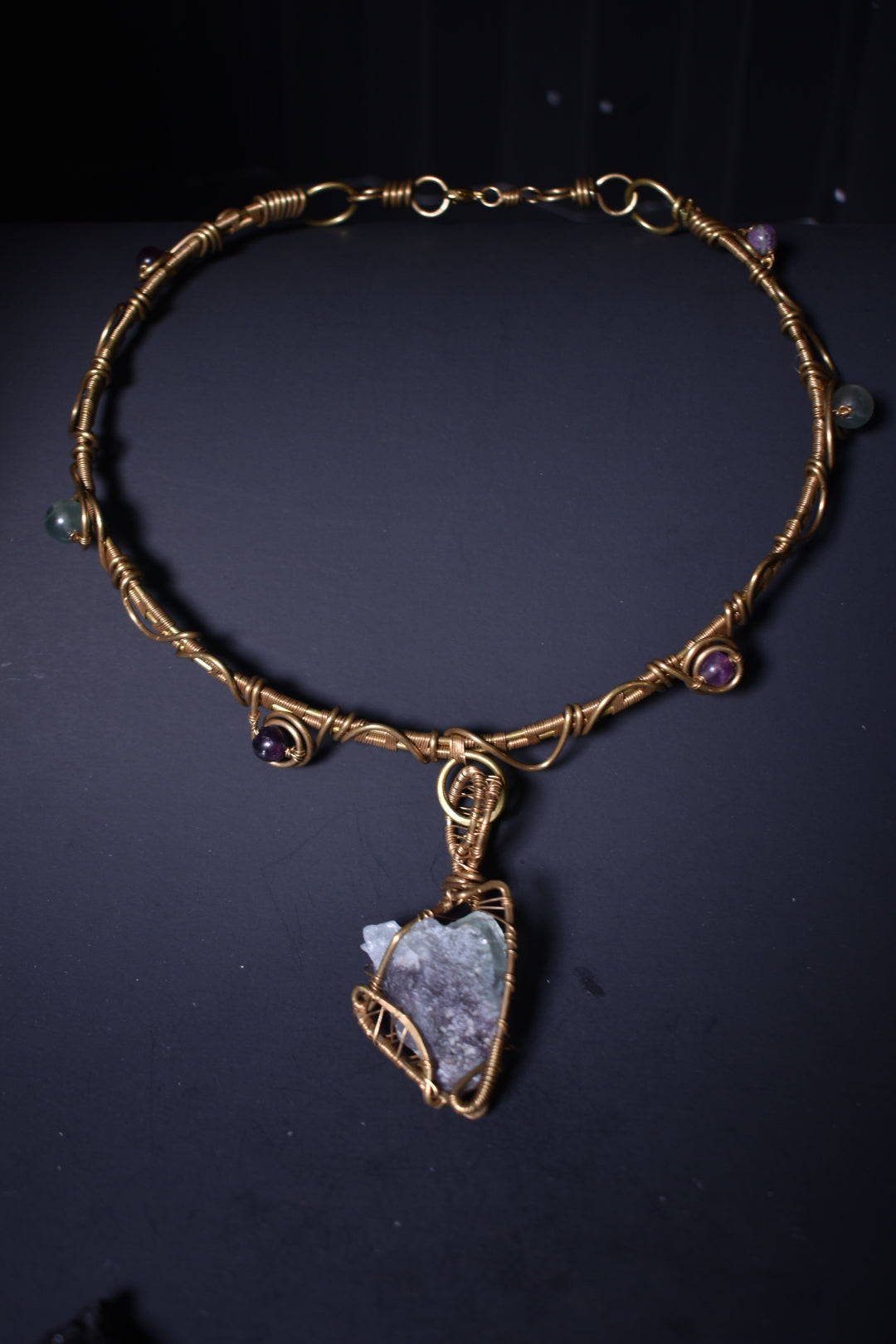 Fluorite- Solar Heart of the Veiled Star: Brass Statement Necklace