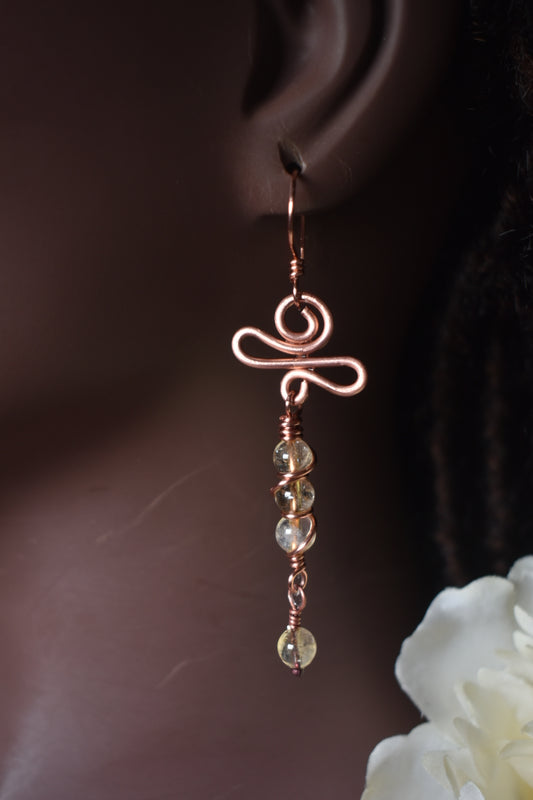 Citrine Spiral Ankh Pillar — Copper Earrings