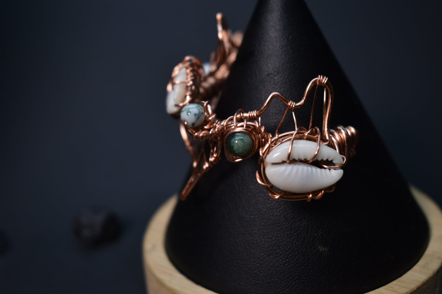 Moss Agate and Cowrie Shell — Orbit Current Mistress Copper Cuff