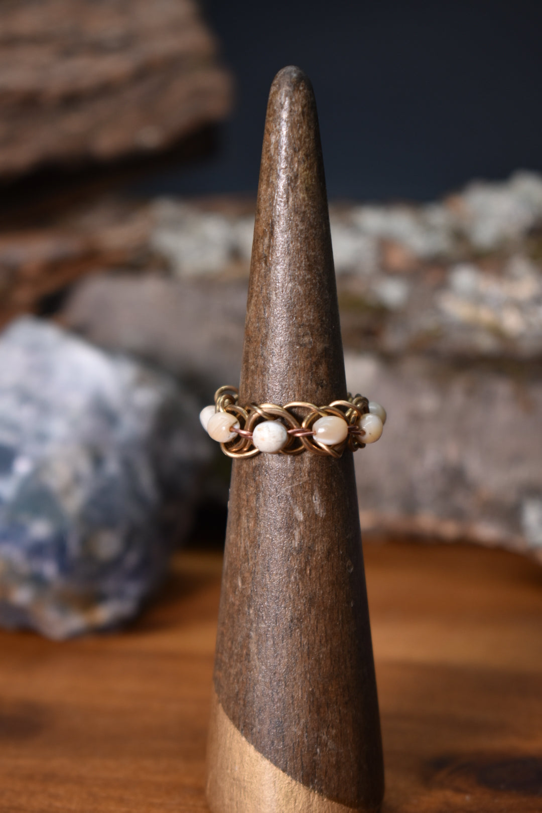 Mother of Pearl Helix DNA —Brass & Copper Ring - KOSMIK COLLECTIONS