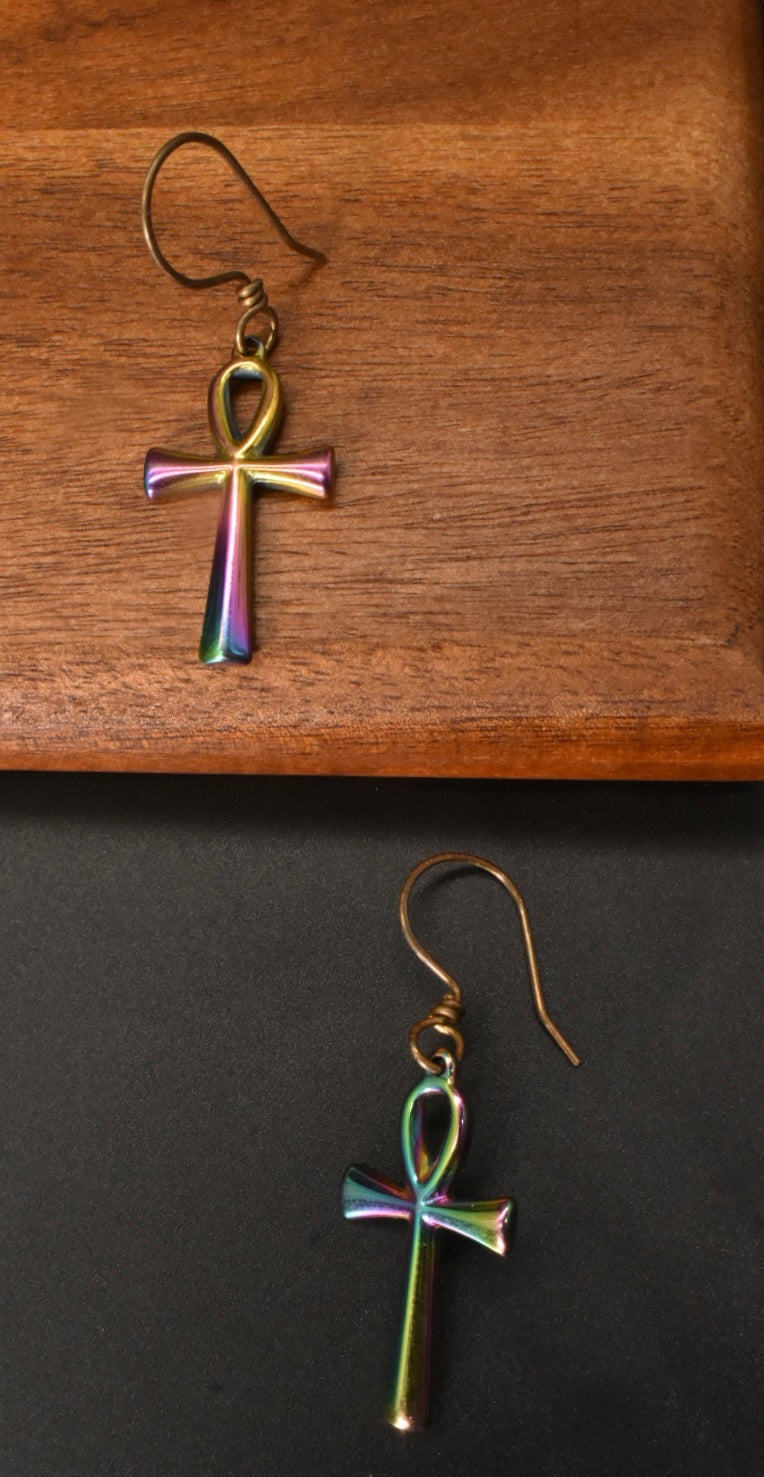 Holographic Ankh — Brass & Stainless Steel Earrings