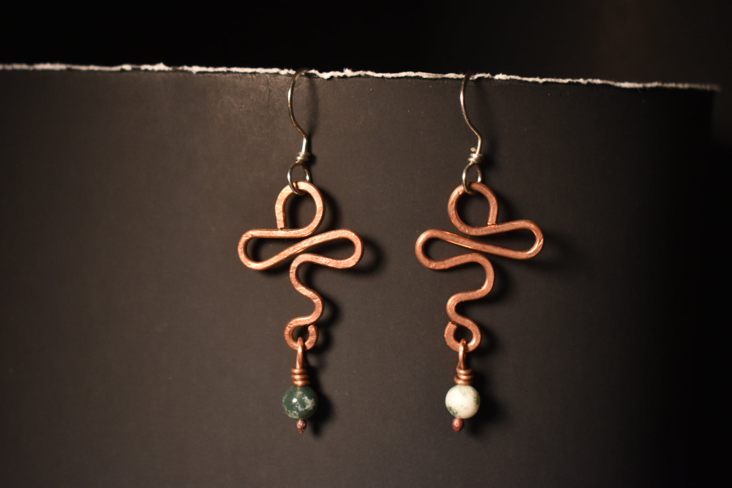 Moss Agate Artistic Ankh - Copper Earring with Sterling Hooks