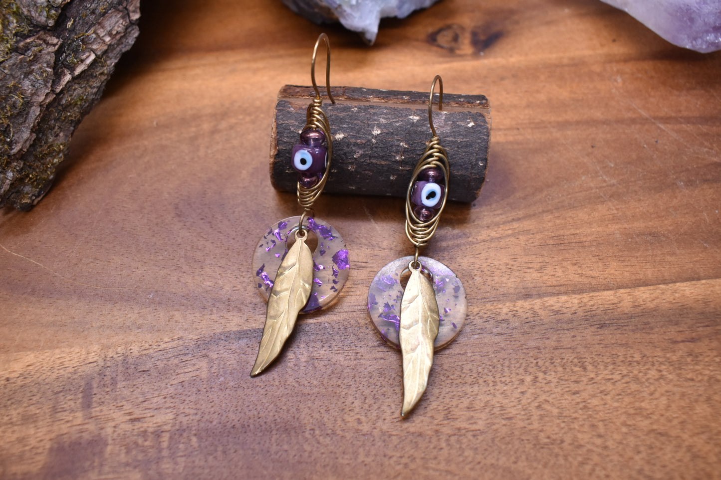 Feathers of Sight — Resin & Brass Earrings