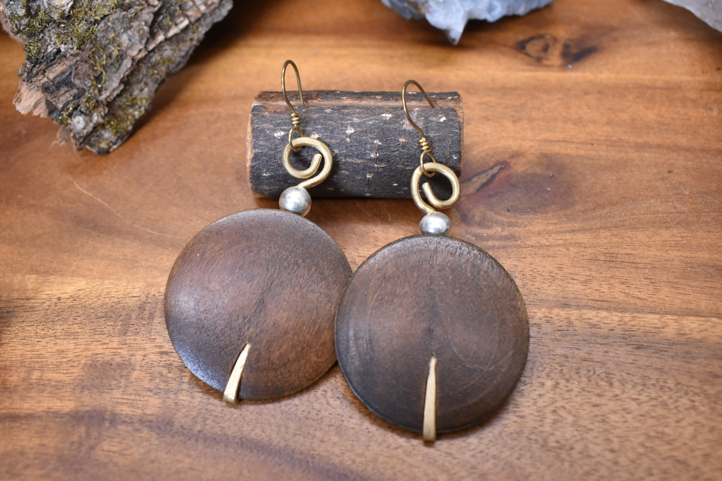 Full Moon — Sterling & Brass Wood Earrings