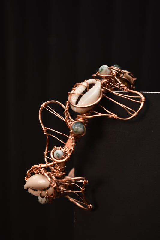 Moss Agate and Cowrie Shell — Orbit Current Mistress Copper Cuff