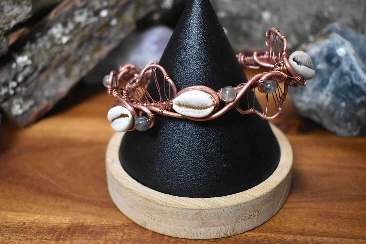 Labradorite and Cowrie Shell — Crown of the Celestial Waters Copper Cuff