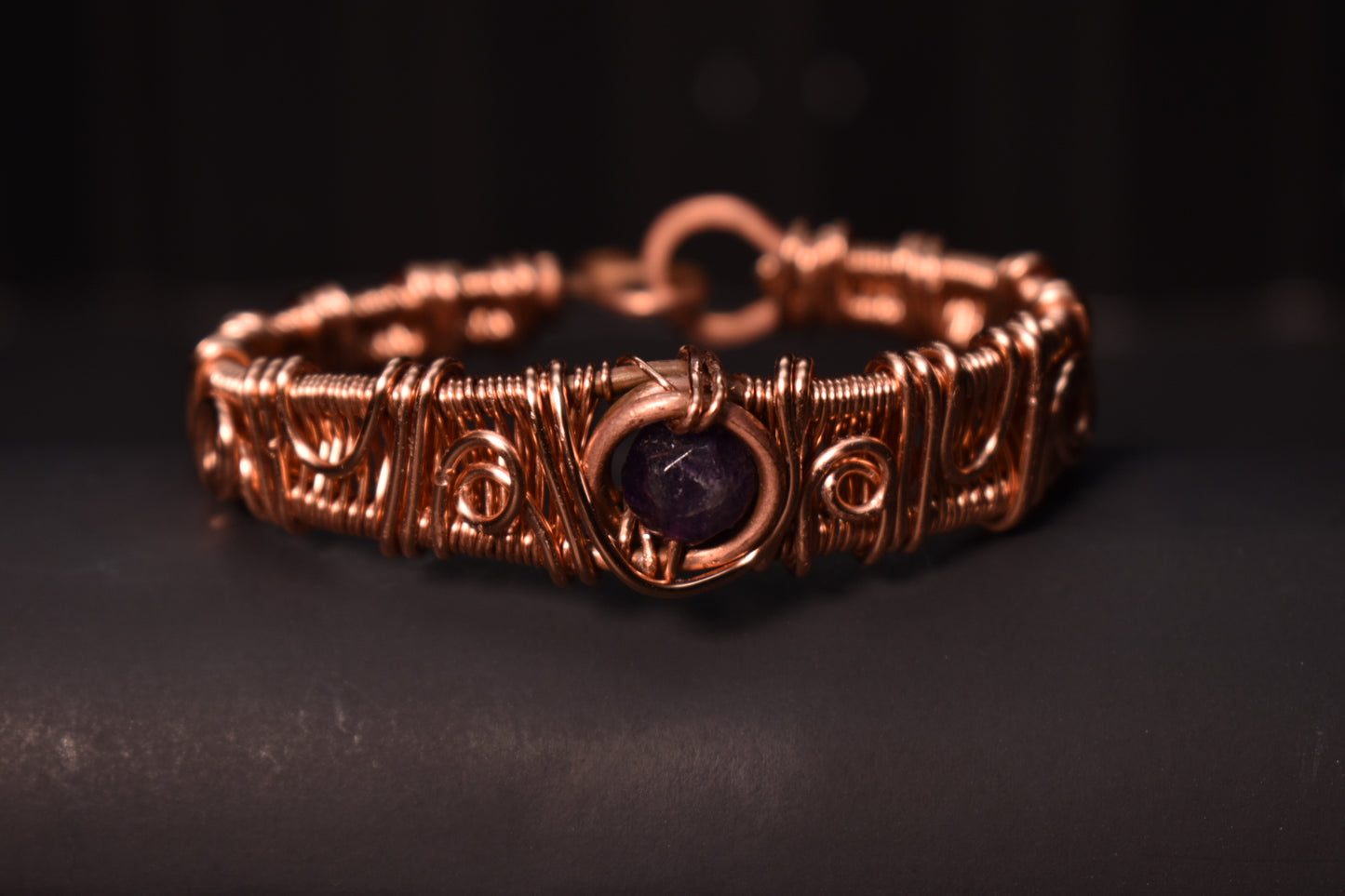 Amethyst - solar Eye of Heru: Copper Bracelet