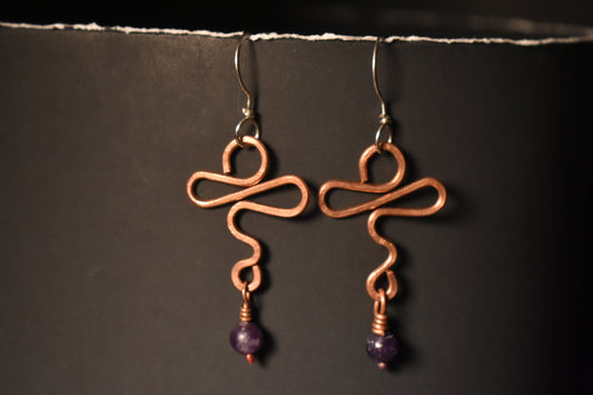 Lepidolite Artistic Ankh - Copper Earring with Sterling Hooks
