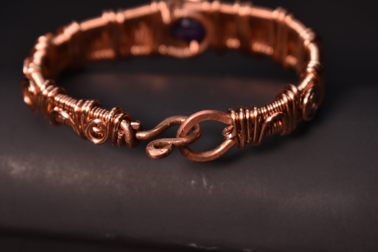 Amethyst - solar Eye of Heru: Copper Bracelet